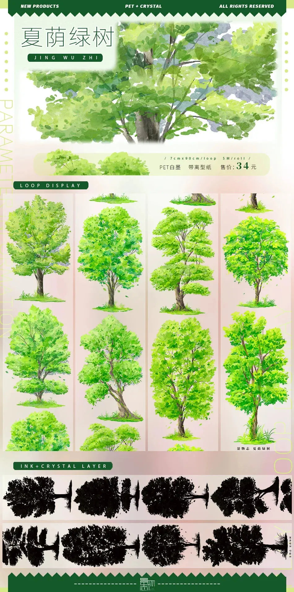 Summer Green Trees PET Tape Summer Green Trees Washi Tape – Decorative Tree Tape for Journaling, Scrapbooking & DIY