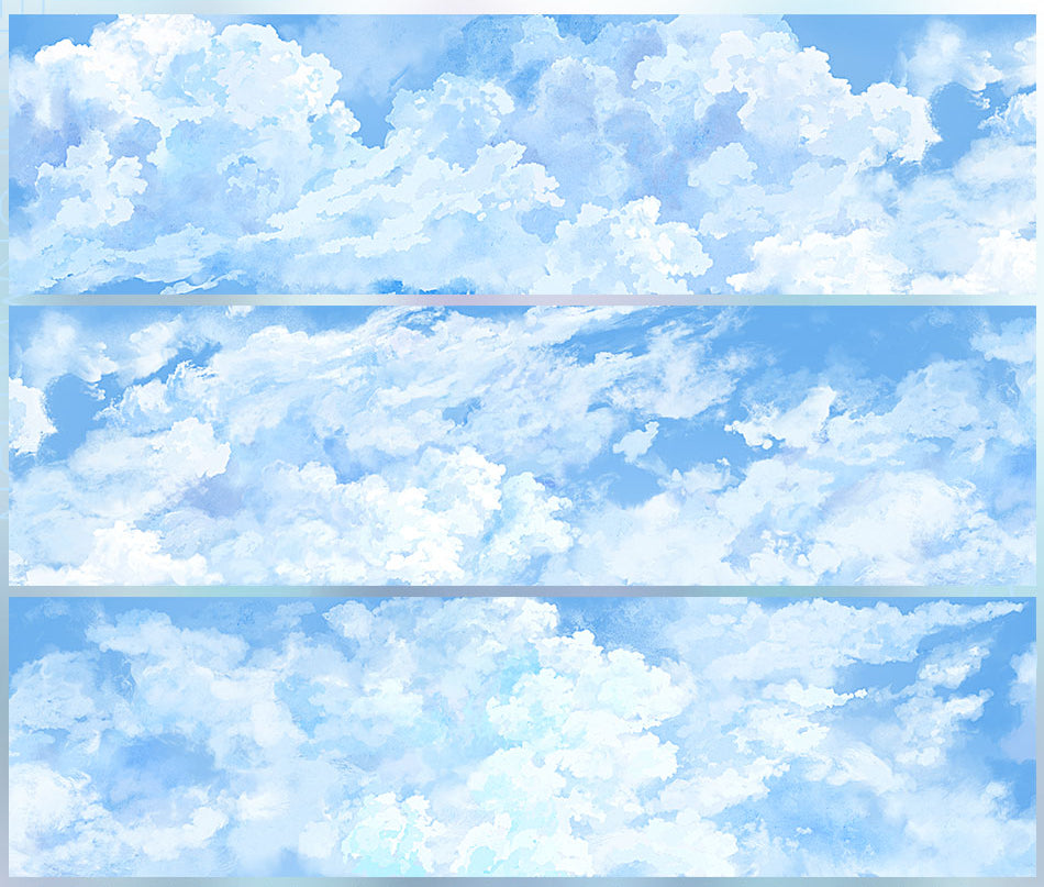 Three panels of a cloud-patterned design on a blue background