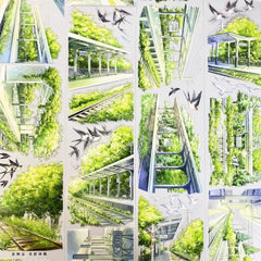 Sunlit Railway PET Tape Sunlit Railway Washi Tape – Train Track Decorative Tape with Green & Light Effects