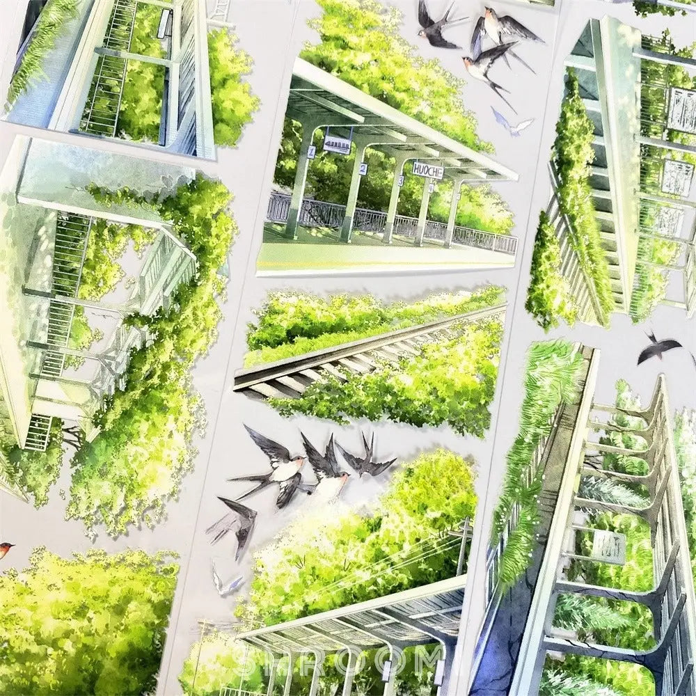 Sunlit Railway PET Tape Sunlit Railway Washi Tape – Train Track Decorative Tape with Green & Light Effects