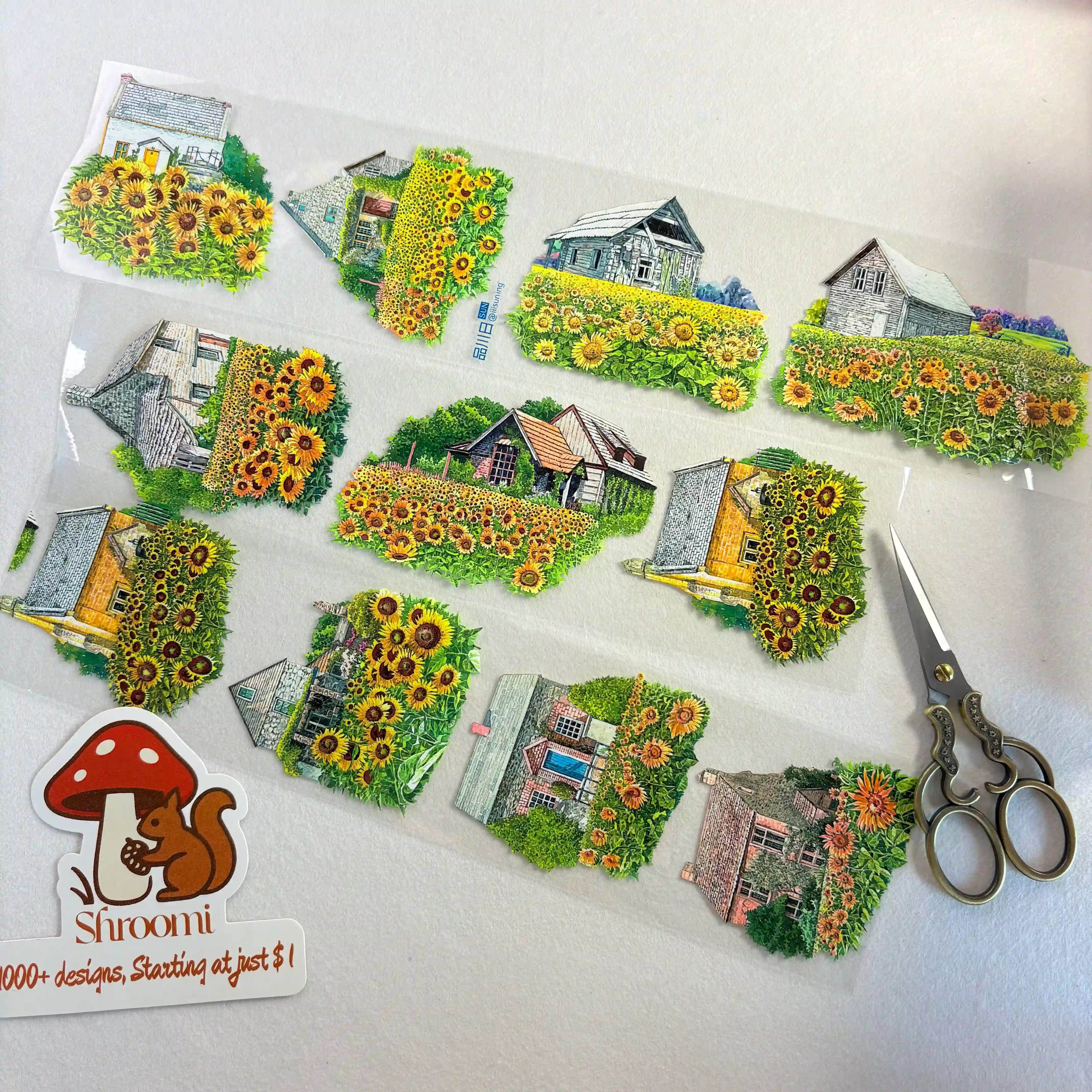 Bright Sunny Day PET Tape featuring vibrant sunflower fields and cozy cottages in cheerful yellows and lush greens.
