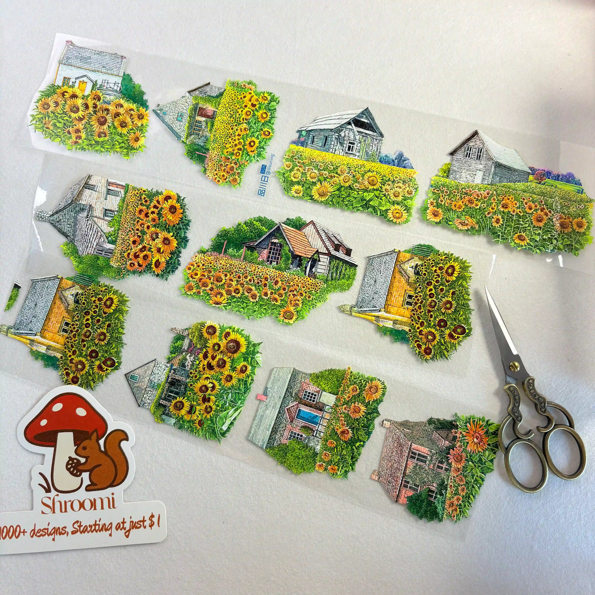 Bright Sunny Day PET Tape featuring vibrant sunflower fields and cozy cottages in cheerful yellows and lush greens.
