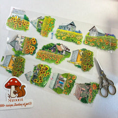 Bright Sunny Day PET Tape featuring vibrant sunflower fields and cozy cottages in cheerful yellows and lush greens.