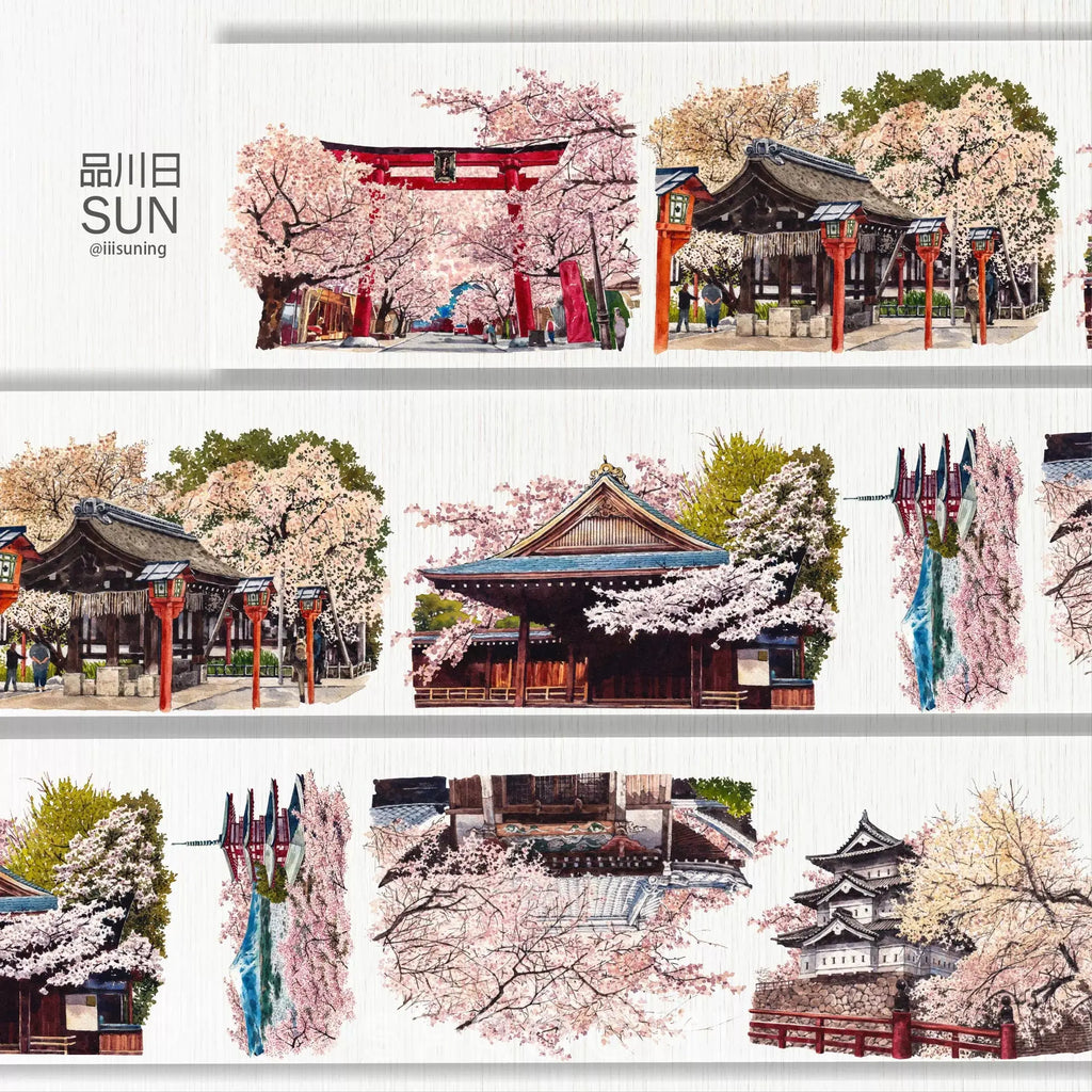 Delicate PET tape featuring soft pink cherry blossoms, red torii gates, and serene Japanese temple imagery for crafting.