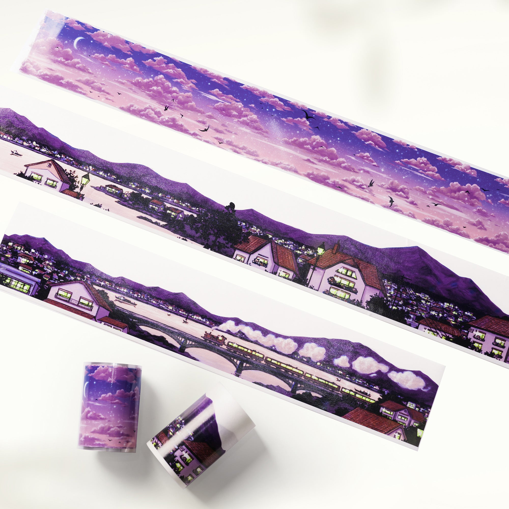 Shroomi Twilight Veil & Kumo washi tape collection with purple sky, cityscape designs