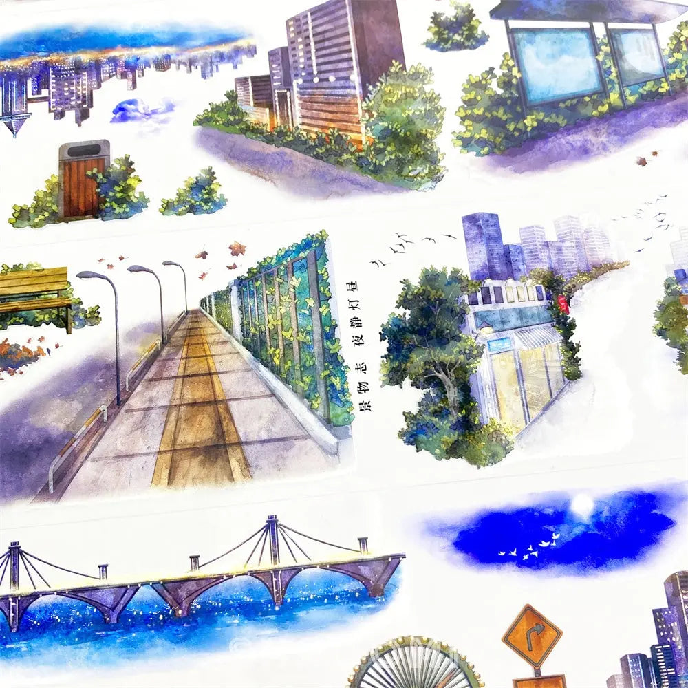 Vibrant Urban Cityscape PET Tape showcasing glowing skylines, modern buildings, and quiet streets with detailed elements.