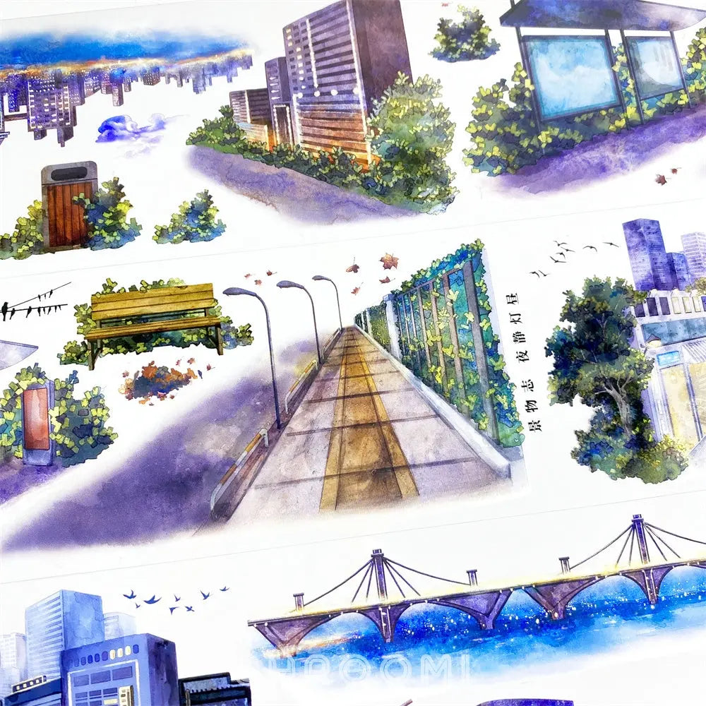 Vibrant Urban Cityscape PET Tape showcasing glowing skylines, modern buildings, and detailed streets for creative journaling.