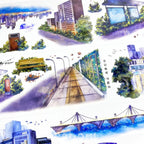 Vibrant Urban Cityscape PET Tape showcasing glowing skylines, modern buildings, and detailed streets for creative journaling.