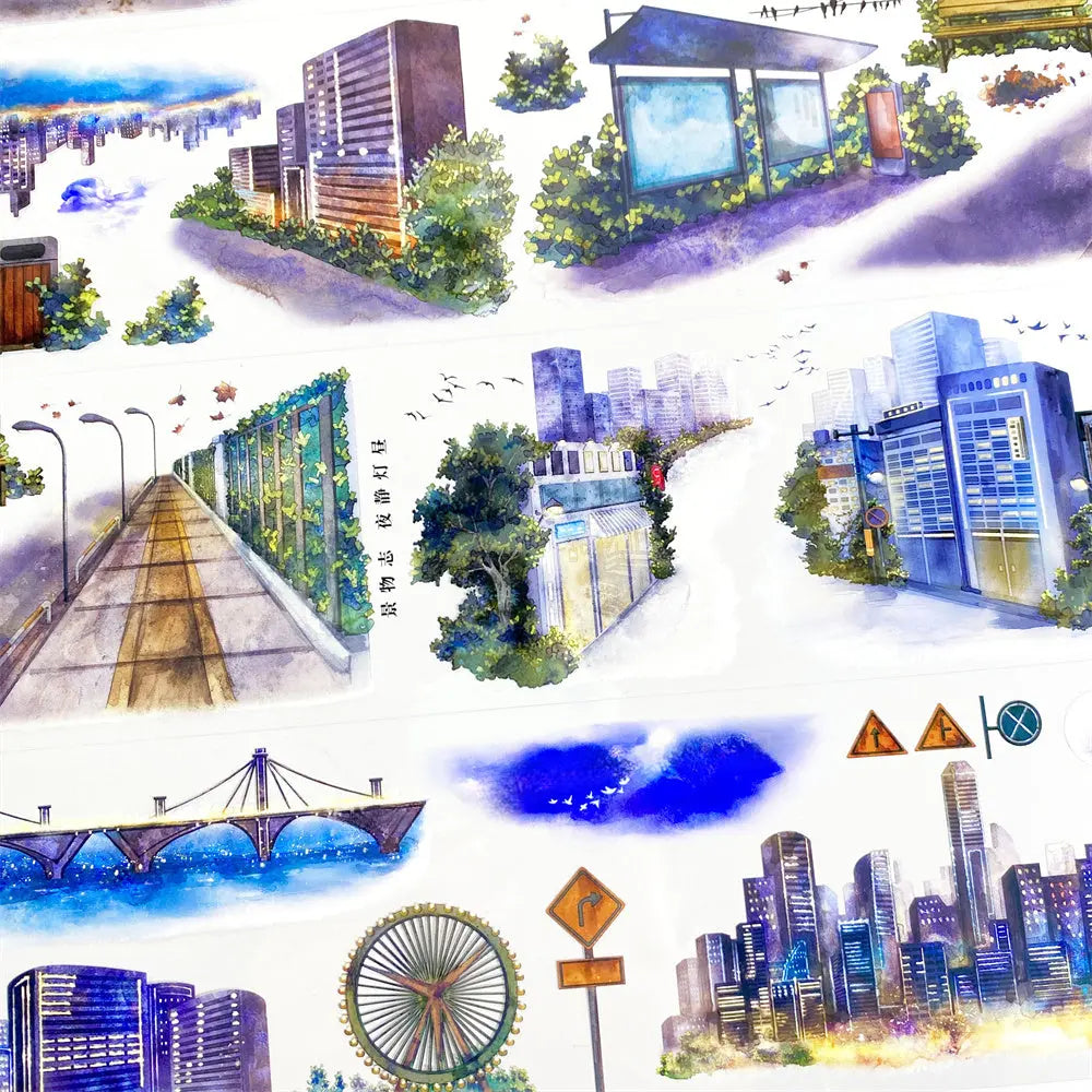 Vibrant Urban Cityscape PET Tape showcasing glowing skylines, modern buildings, and detailed streets for creative journaling.