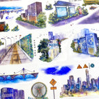 Vibrant Urban Cityscape PET Tape showcasing glowing skylines, modern buildings, and detailed streets for creative journaling.