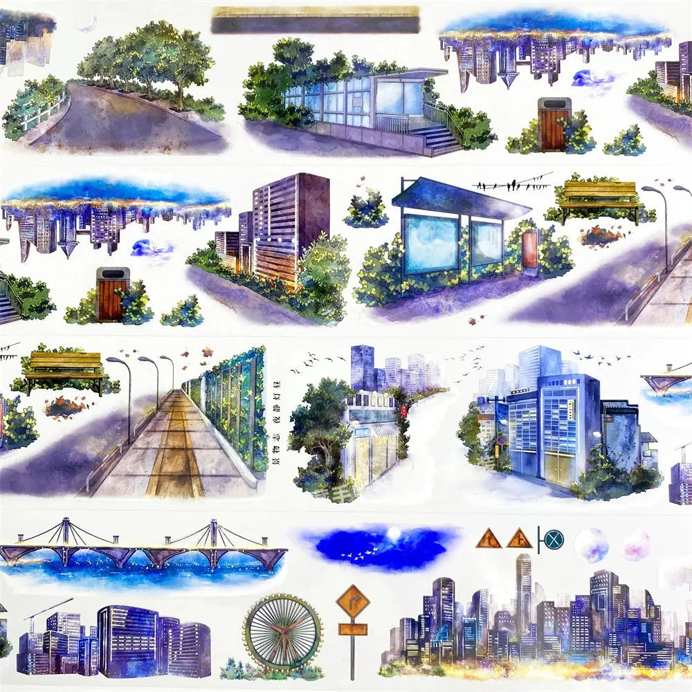 Vibrant Urban Cityscape PET Tape showcasing glowing skylines, modern buildings, and detailed streets for creative journaling.