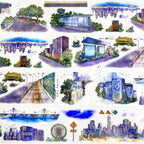 Vibrant Urban Cityscape PET Tape showcasing glowing skylines, modern buildings, and detailed streets for creative journaling.