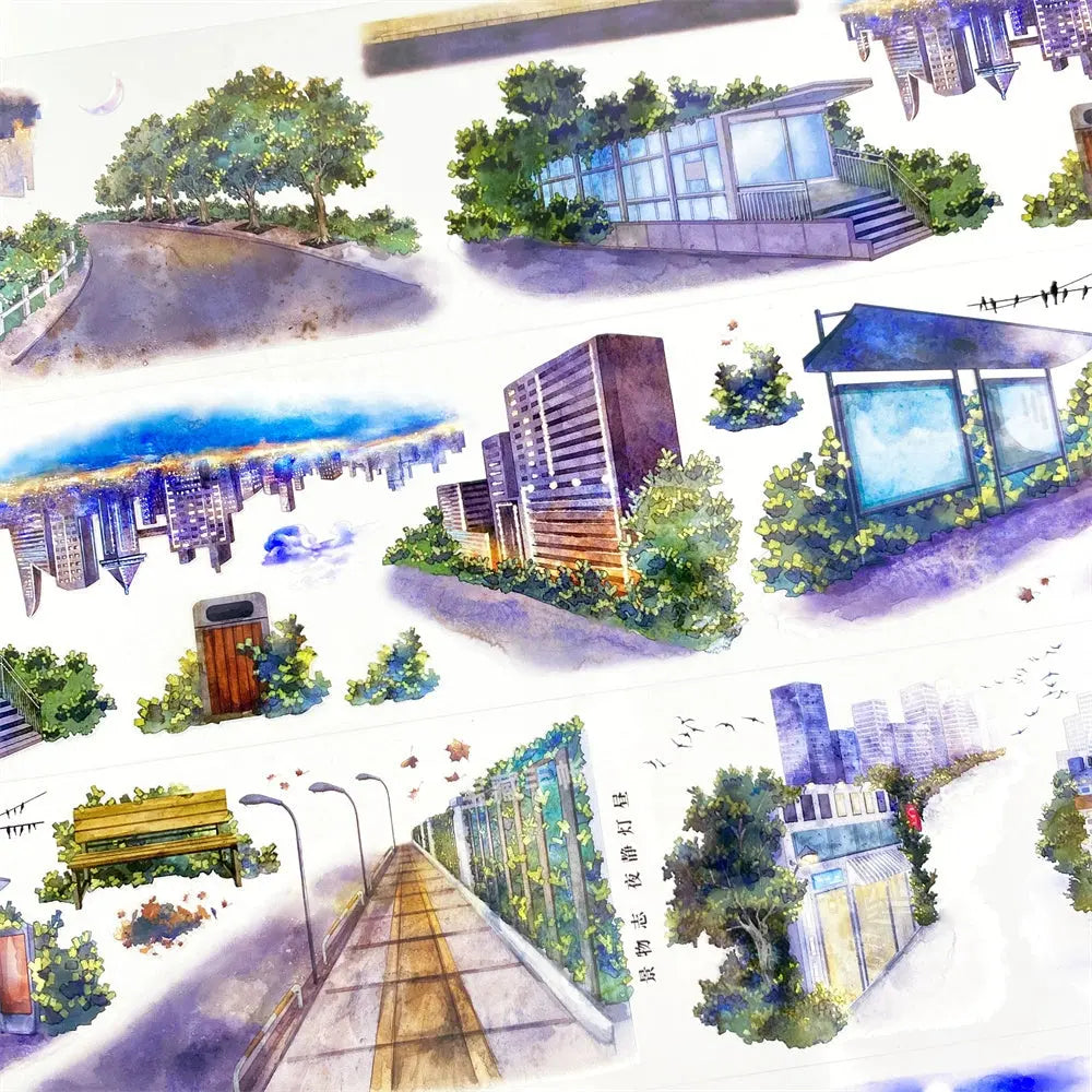 Vibrant Urban Cityscape PET Tape showcasing glowing skylines, modern buildings, and detailed streets for creative journaling.