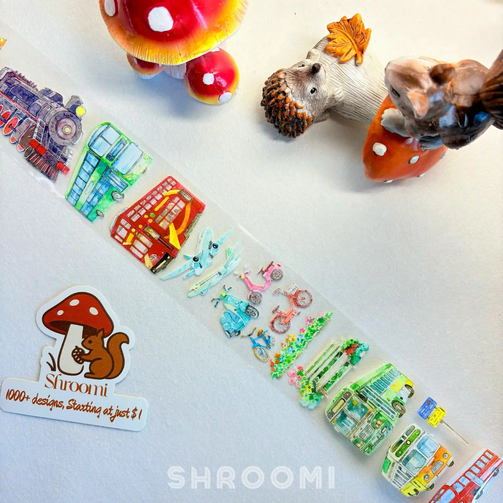 Vibrant PET tape showcasing an urban transit scene with bustling city streets, buses, scooters, signs, and traffic lights.