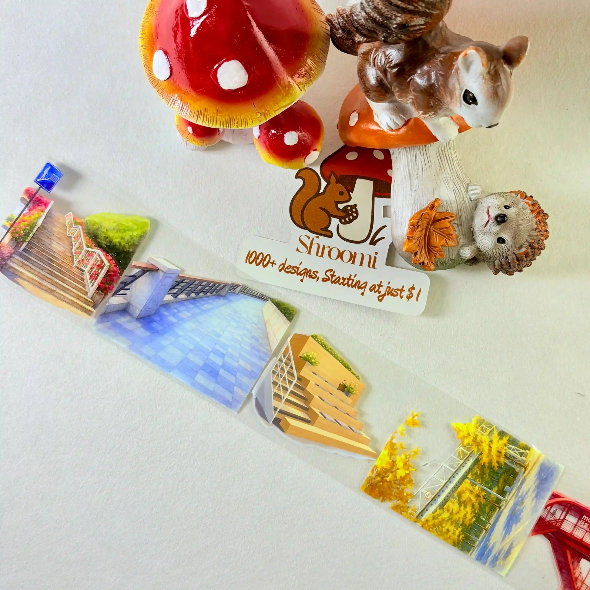 Urban steps and walkways PET tape strip showing staircase scenes with flower borders and blue tiled walkway