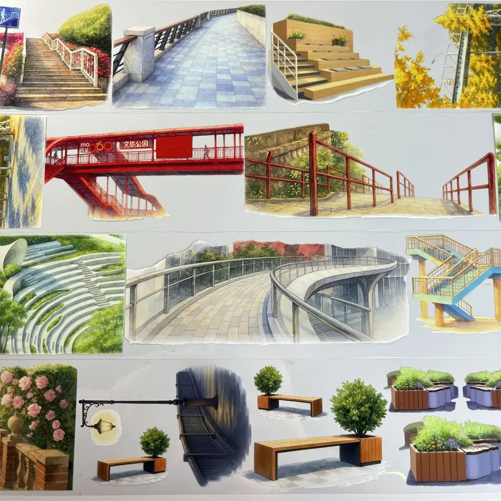 Urban steps and walkways PET tape flat lay showing die-cut sticker pieces: staircases red bridge curved overpass amphitheater steps benches and planters
