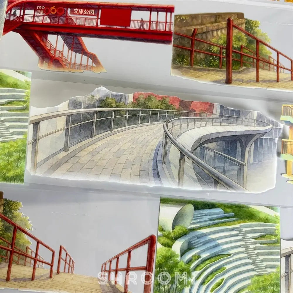 Urban walkways PET tape close-up showing red pedestrian bridge curved overpass walkway and terraced amphitheater steps