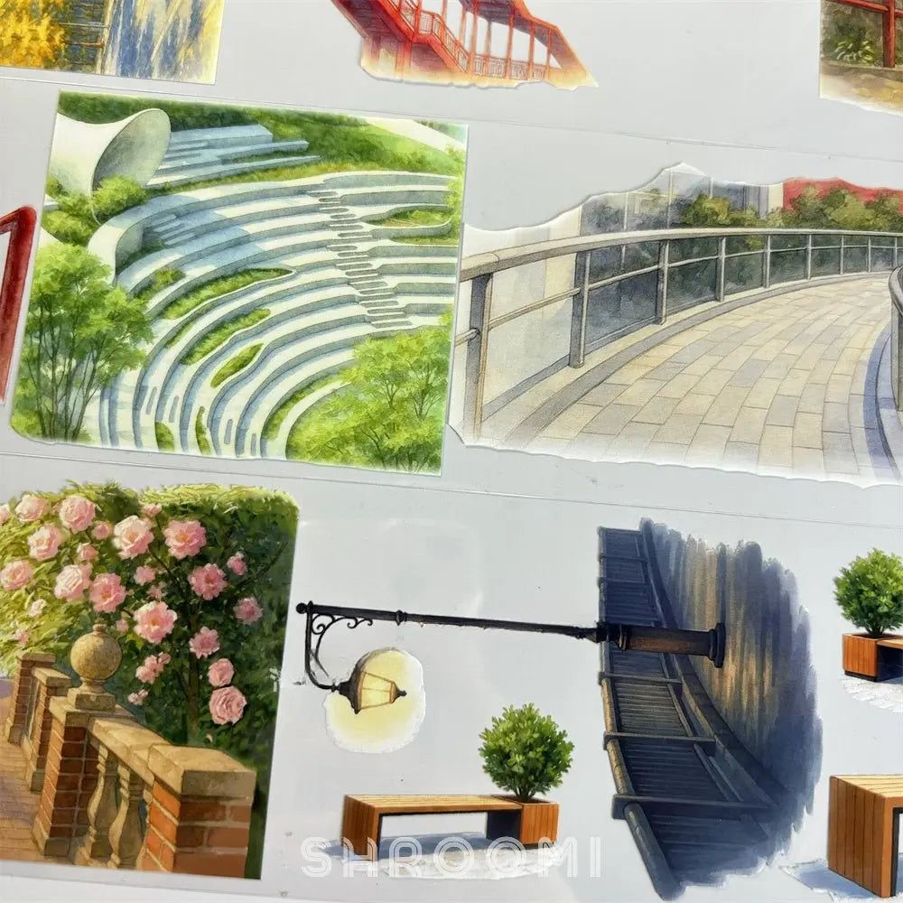 Urban architectural PET tape showing detailed staircase and elevated walkway sticker elements