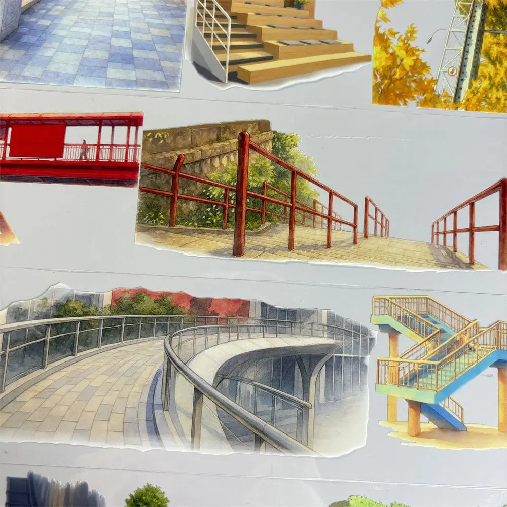 Urban steps PET tape showing park bench planters street lamp and staircase accent elements