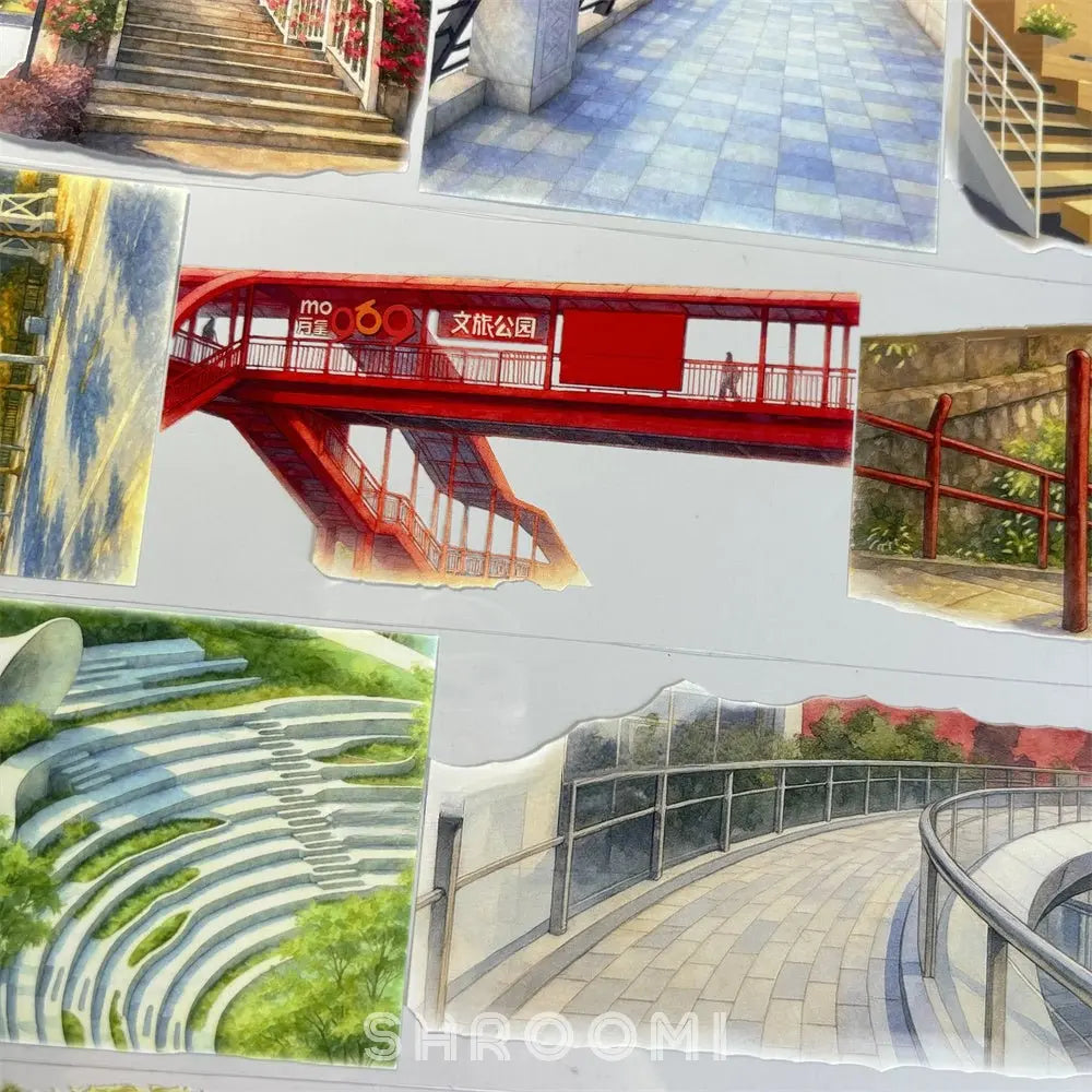 Urban steps and walkways architectural PET tape full product view showing all die-cut scene elements