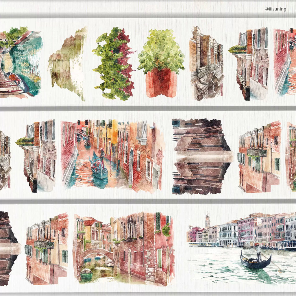 Delicate Venice Secret PET Tape featuring romantic Venetian canals and colorful European architecture for creative journaling.