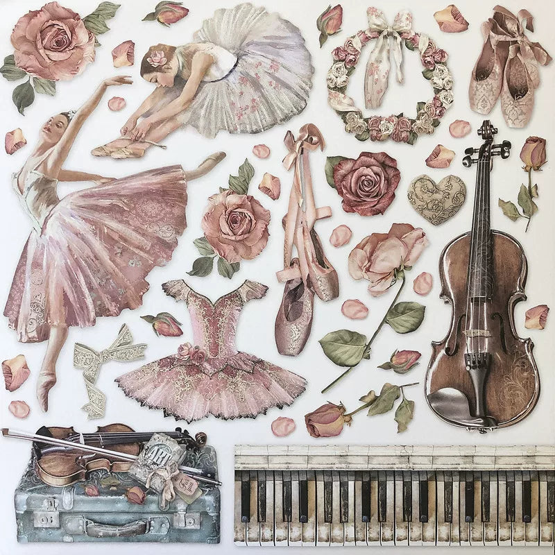 Vintage ballet sticker pack with dancers, roses, pointe shoes, ribbons, violin, and piano keys