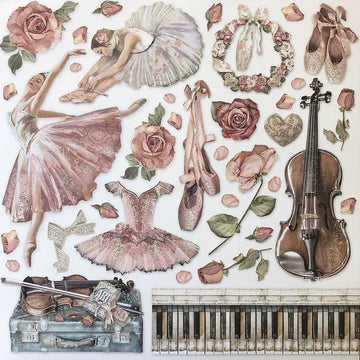Vintage ballet sticker pack with dancers, roses, pointe shoes, ribbons, violin, and piano keys
