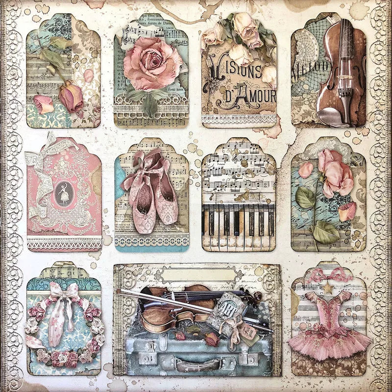 Vintage ballet sticker pack with dancers, roses, pointe shoes, ribbons, violin, and piano keys
