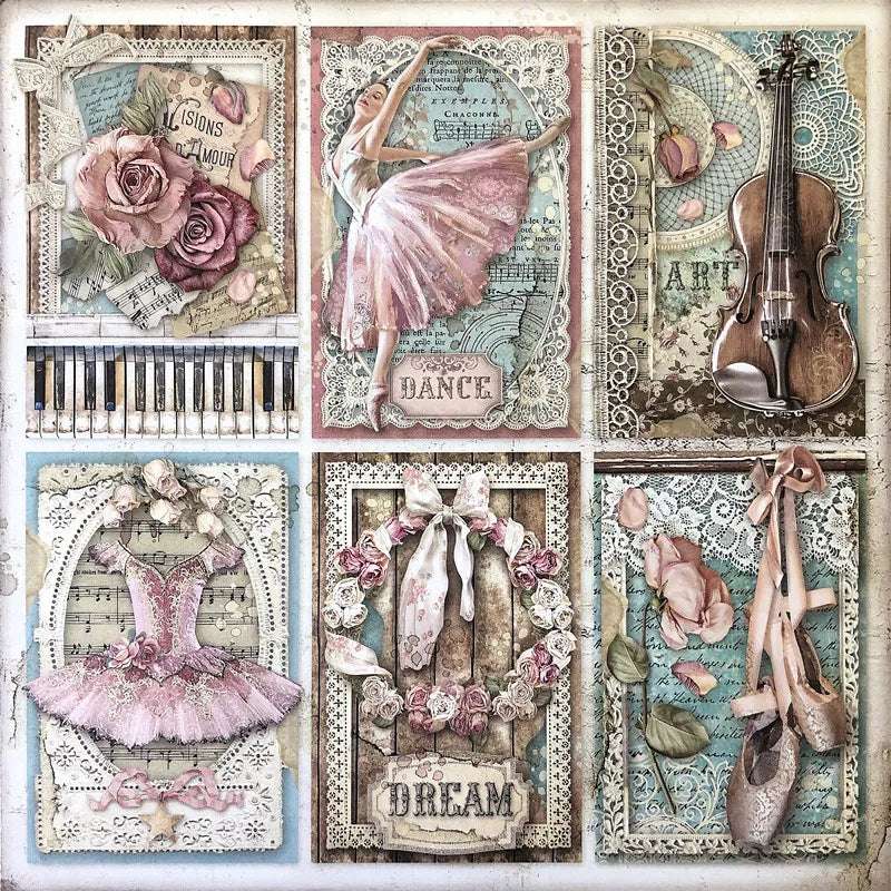 Vintage ballet stickers with dancers, roses, pointe shoes, and ornate journaling frames