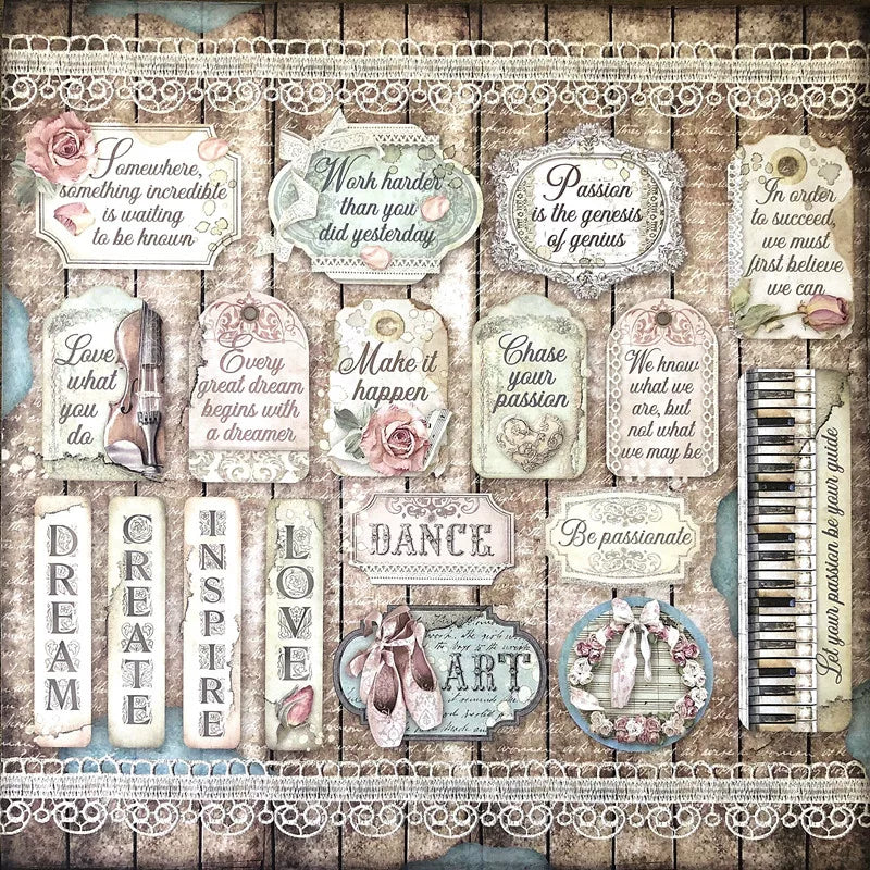 Vintage ballet quote stickers with roses, violin, piano keys, ribbons, and decorative typography