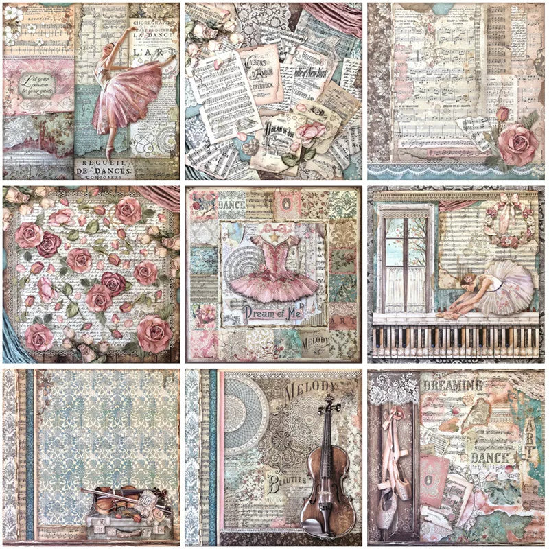 Vintage ballet collage stickers with dancers, sheet music, roses, and piano-inspired designs