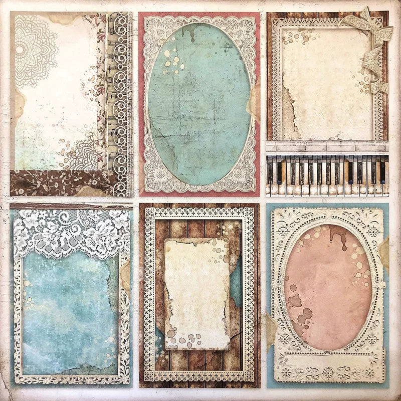 Vintage ballet background stickers with ornate blank frames and piano key details