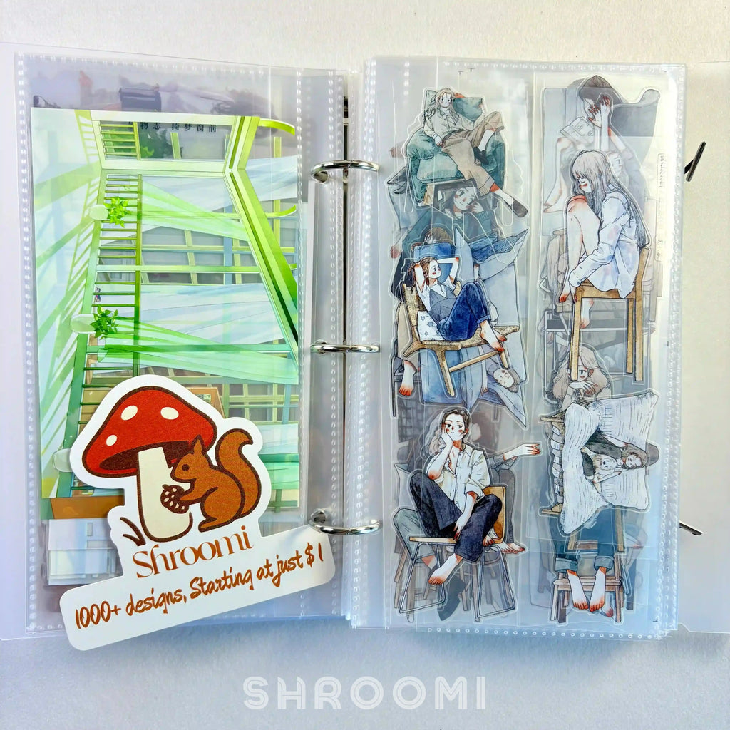 Handy washi tape storage album with pocket-style pages for organizing pre-cut tape pieces and stickers effortlessly.