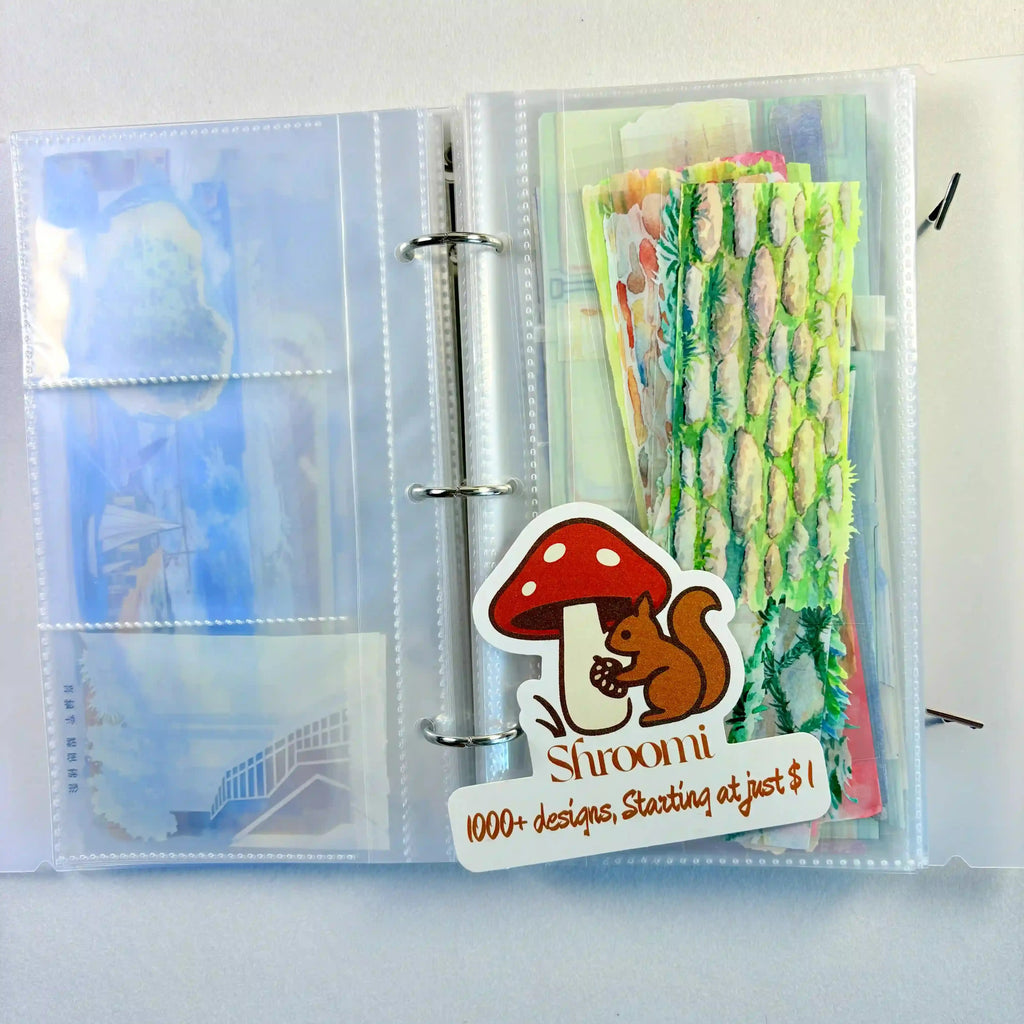 Vibrant washi tape storage album with pocket-style pages, showcasing organized pre-cut tape pieces in a neat, handy book.