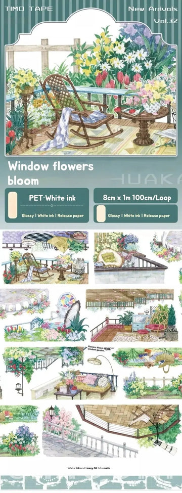 Window Garden View PET tape product card showing a rocking chair amid blooming terrace flowers, with strip samples of garden benches, paths, and patio scenes