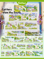 Vibrant XINTIAN Scenery Series PET washi tape displaying serene seaside towns and lush valleys in watercolor style.