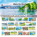 Delicate XINTIAN Scenery Series PET washi tape showcasing watercolor seaside towns and lush valleys for creative crafts.