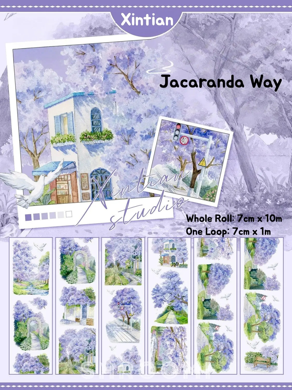 Vibrant XINTIAN Scenery Series PET washi tape showcasing a serene seaside town in delicate watercolor style.