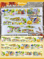 Delicate XINTIAN Scenery Series PET washi tape showcasing watercolor-style seaside towns and lush green valleys.
