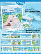 Vibrant XINTIAN Scenery Series PET washi tape displaying a watercolor seaside town with serene blues and lush greens.
