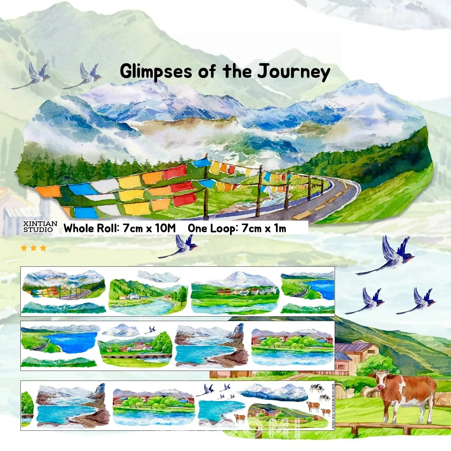 Delicate XINTIAN Scenery Series PET washi tape showcasing serene seaside towns and lush valleys in watercolor style.