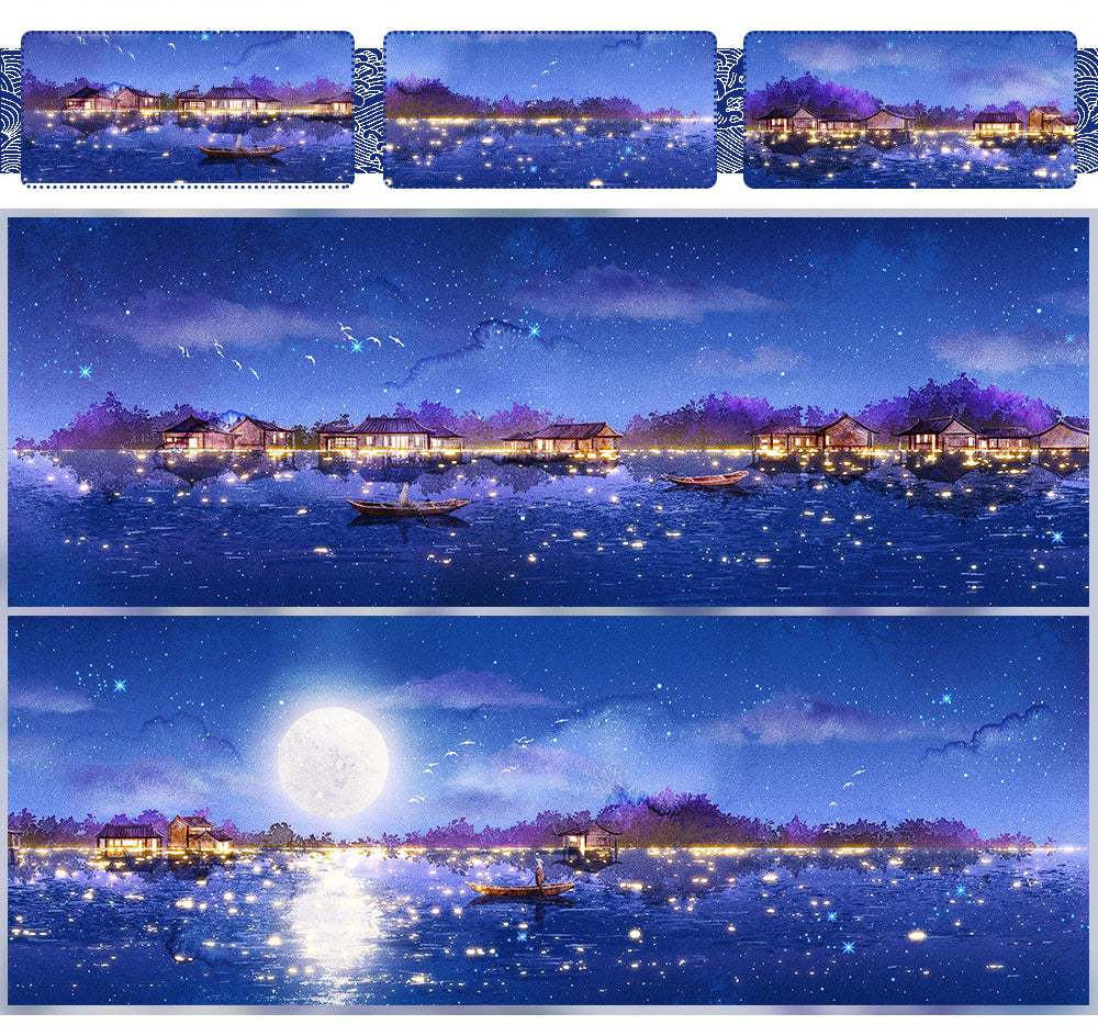 Decorative tape with a watercolor night scene of a village on a lake under a full moon and starry sky with reflections | Shroomi