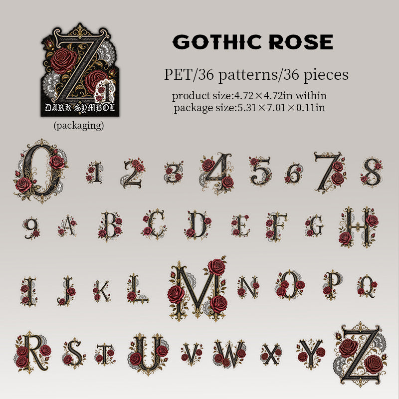 Gothic Rose style: 36 red rose letters and numbers