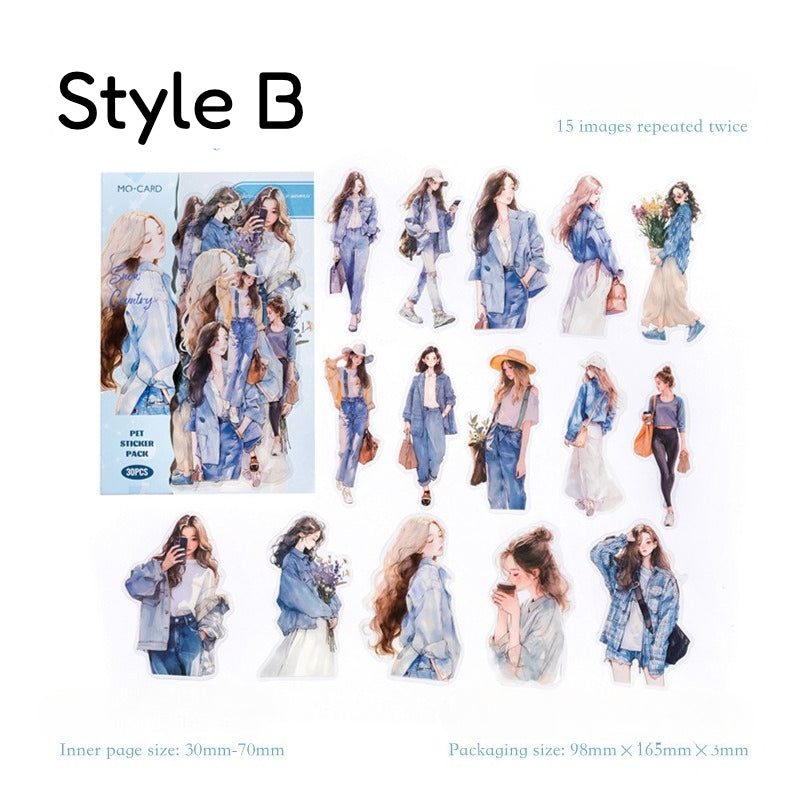 PET sticker pack with Korean fashion character girls, casual outfits, coffee, cakes, flowers, pets, and lifestyle details