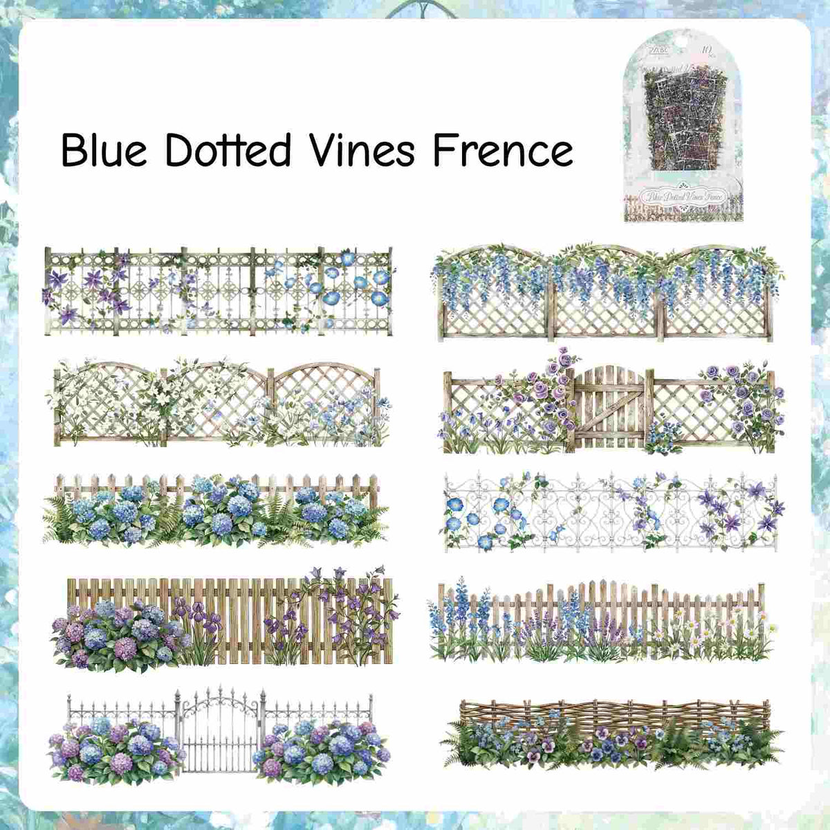 Border sticker of a stone wall with hydrangeas and a garden gate