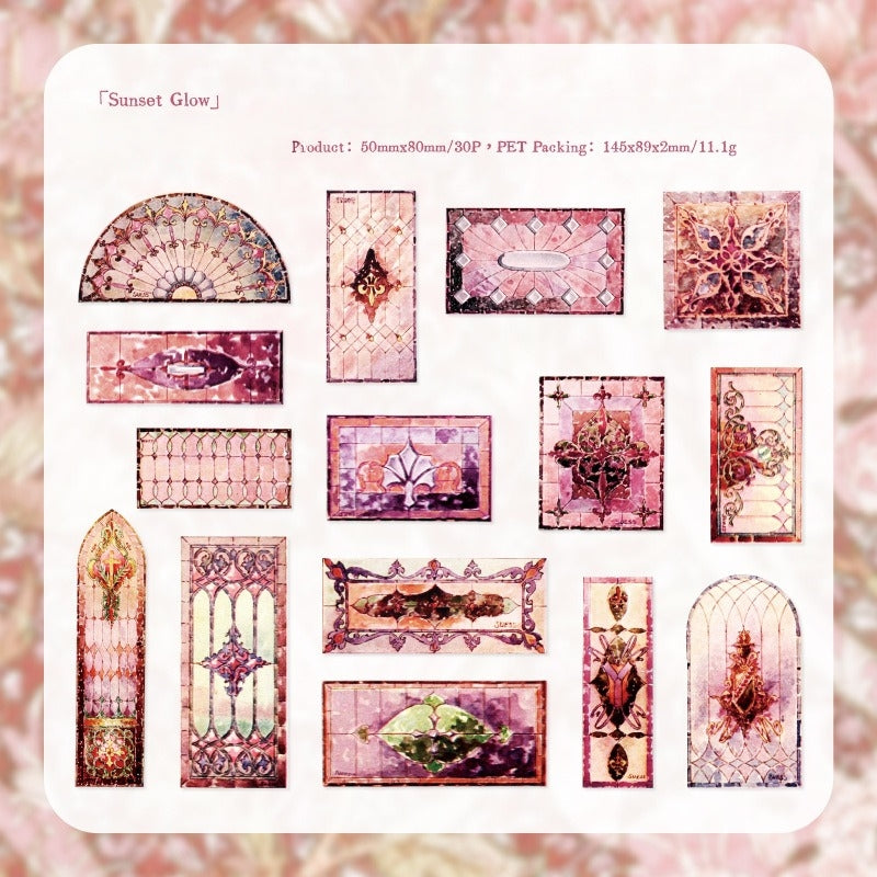 Sunset Glow stained glass sticker sheet with pink and gold floral window panels and arched frames