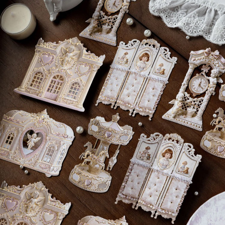 Pastel rococo embossed collage sticker cards with ornate furniture, mirrors, bows, and frame accents - image 9