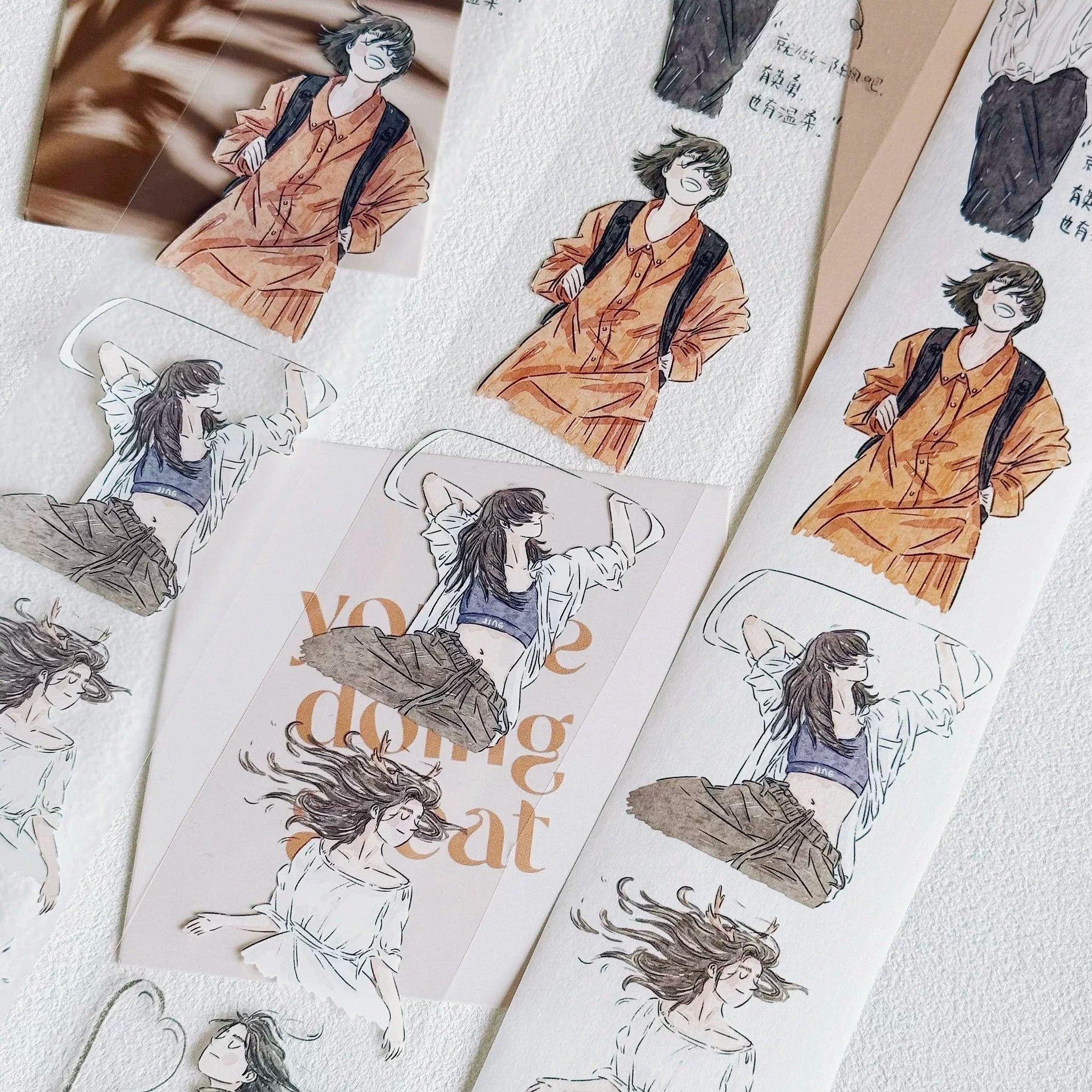 Windy Day Character PET tape with warm-toned outfit and wind-swept figures