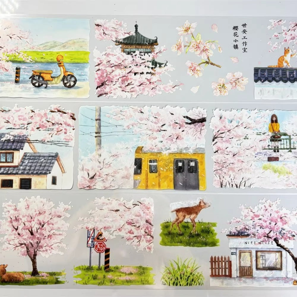 Sakura Blossom Town PET Klebeband 8cm×1m | Japanische Straßenszene