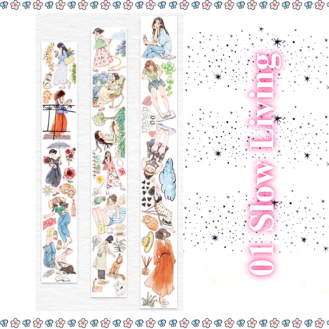 Three Slow Life Girls PET sticker strips — watercolor illustrated girls reading, watering plants, walking dog, carrying flowers